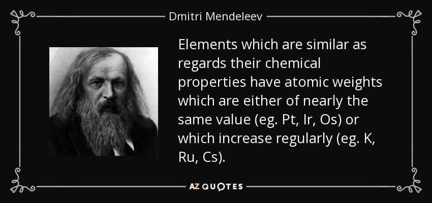 Elements which are similar as regards their chemical properties have atomic weights which are either of nearly the same value (eg. Pt, Ir, Os) or which increase regularly (eg. K, Ru, Cs). - Dmitri Mendeleev