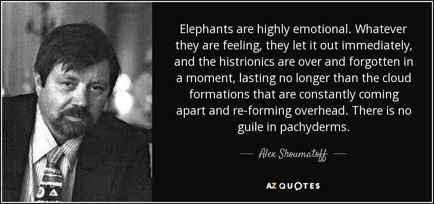 Elephants are highly emotional. Whatever they are feeling, they let it out immediately, and the histrionics are over and forgotten in a moment, lasting no longer than the cloud formations that are constantly coming apart and re-forming overhead. There is no guile in pachyderms. - Alex Shoumatoff