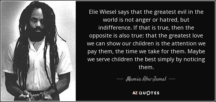 Elie Wiesel says that the greatest evil in the world is not anger or hatred, but indifference. If that is true, then the opposite is also true: that the greatest love we can show our children is the attention we pay them, the time we take for them. Maybe we serve children the best simply by noticing them. - Mumia Abu-Jamal