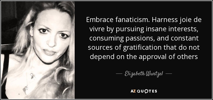 Embrace fanaticism. Harness joie de vivre by pursuing insane interests, consuming passions, and constant sources of gratification that do not depend on the approval of others - Elizabeth Wurtzel