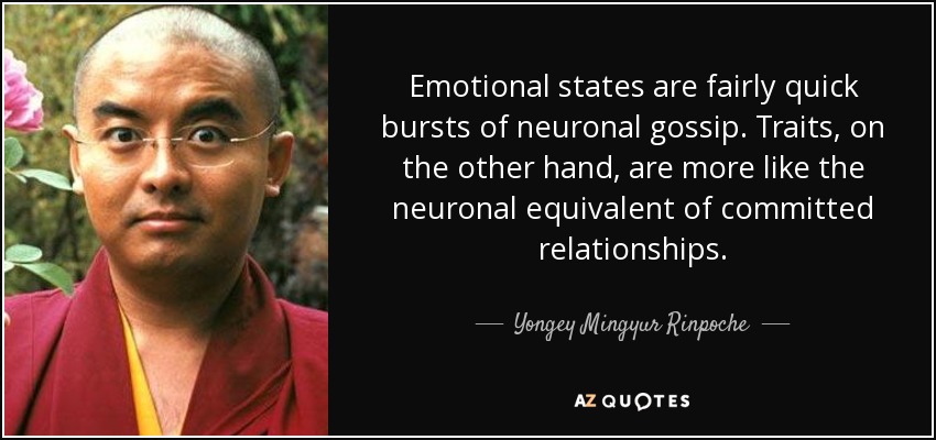 Emotional states are fairly quick bursts of neuronal gossip. Traits, on the other hand, are more like the neuronal equivalent of committed relationships. - Yongey Mingyur Rinpoche