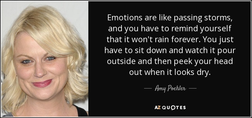 Emotions are like passing storms, and you have to remind yourself that it won't rain forever. You just have to sit down and watch it pour outside and then peek your head out when it looks dry. - Amy Poehler