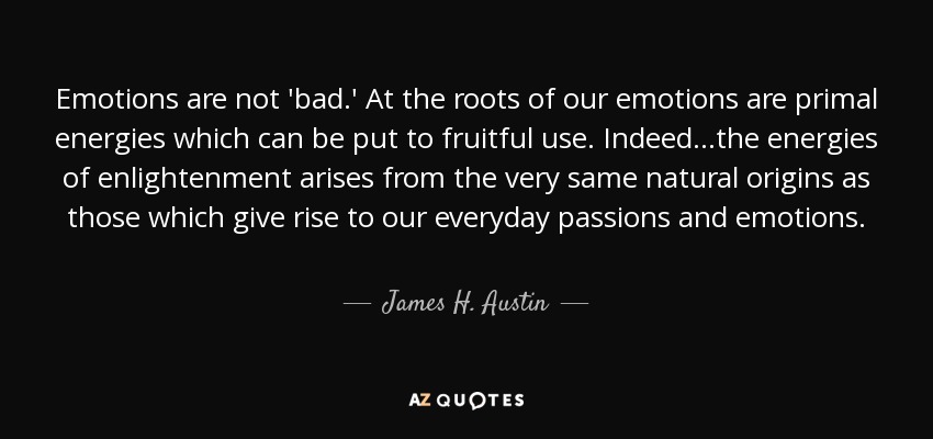 Emotions are not 'bad.' At the roots of our emotions are primal energies which can be put to fruitful use. Indeed...the energies of enlightenment arises from the very same natural origins as those which give rise to our everyday passions and emotions. - James H. Austin