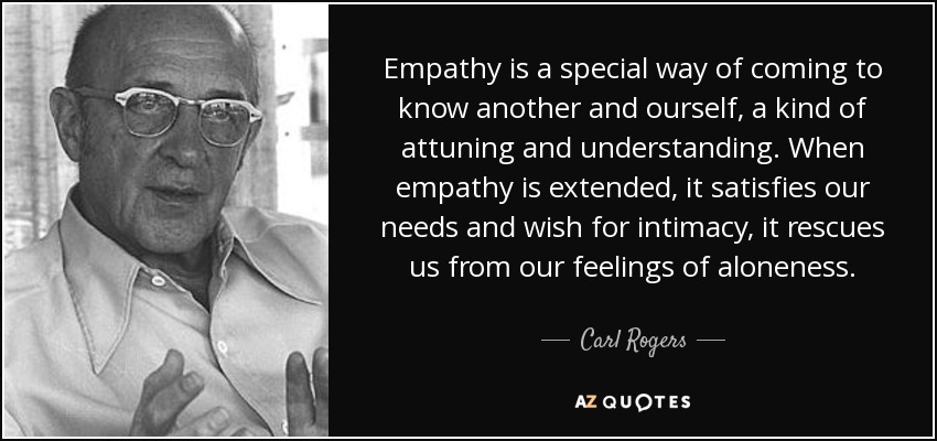 Empathy is a special way of coming to know another and ourself, a kind of attuning and understanding. When empathy is extended, it satisfies our needs and wish for intimacy, it rescues us from our feelings of aloneness. - Carl Rogers