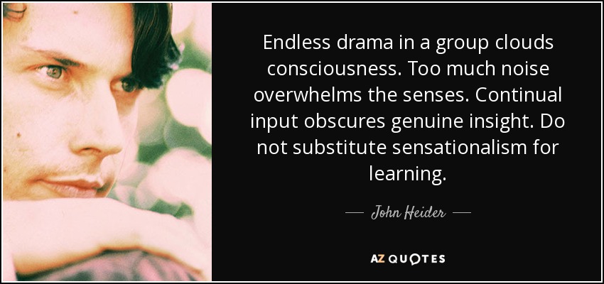 Endless drama in a group clouds consciousness. Too much noise overwhelms the senses. Continual input obscures genuine insight. Do not substitute sensationalism for learning. - John Heider