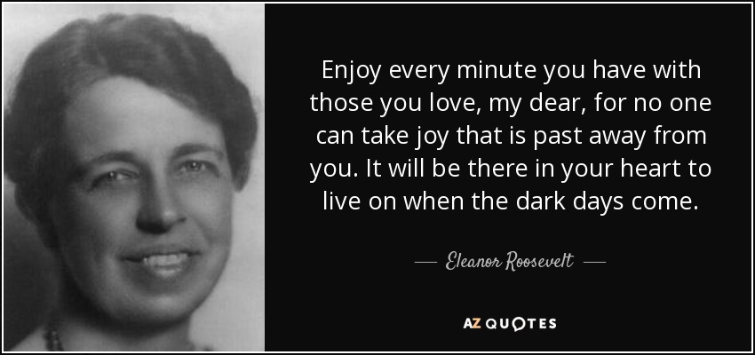 Enjoy every minute you have with those you love, my dear, for no one can take joy that is past away from you. It will be there in your heart to live on when the dark days come. - Eleanor Roosevelt