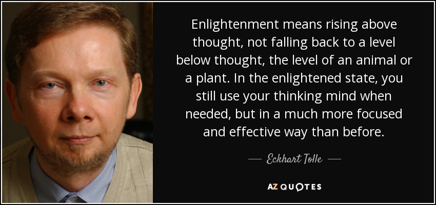 Enlightenment means rising above thought, not falling back to a level below thought, the level of an animal or a plant. In the enlightened state, you still use your thinking mind when needed, but in a much more focused and effective way than before. - Eckhart Tolle