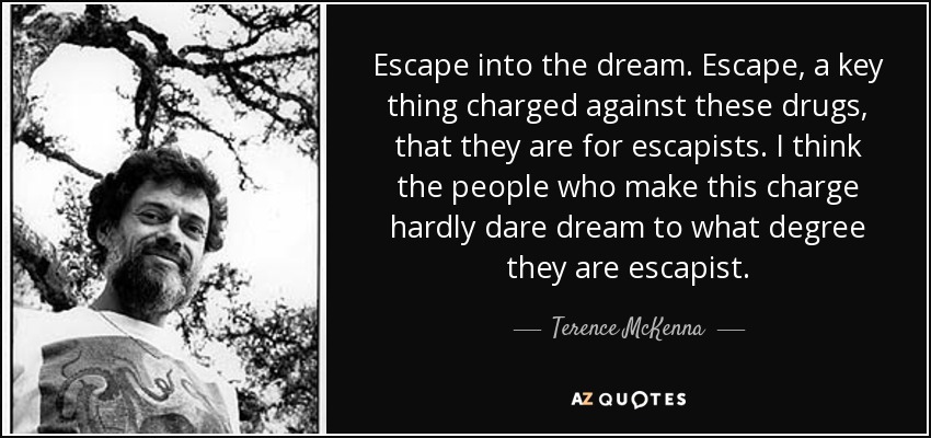 Escape into the dream. Escape, a key thing charged against these drugs, that they are for escapists. I think the people who make this charge hardly dare dream to what degree they are escapist. - Terence McKenna