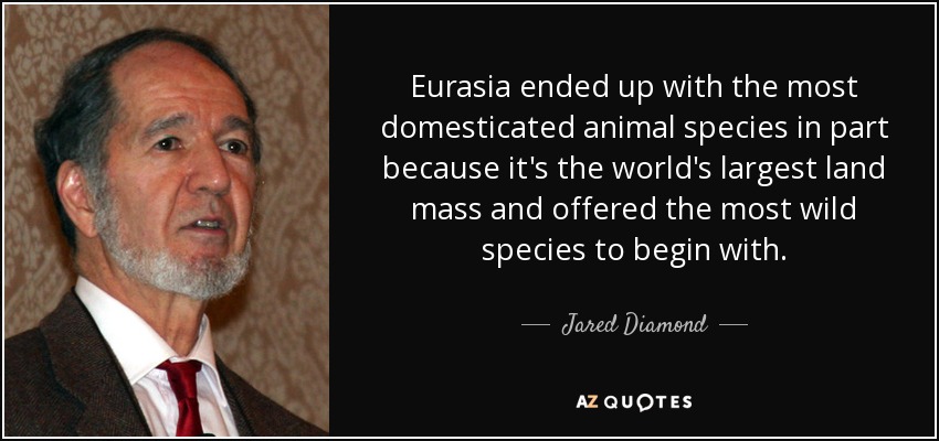 Eurasia ended up with the most domesticated animal species in part because it's the world's largest land mass and offered the most wild species to begin with. - Jared Diamond