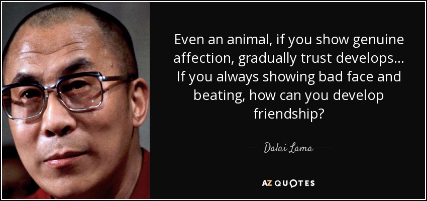 Even an animal, if you show genuine affection, gradually trust develops... If you always showing bad face and beating, how can you develop friendship? - Dalai Lama