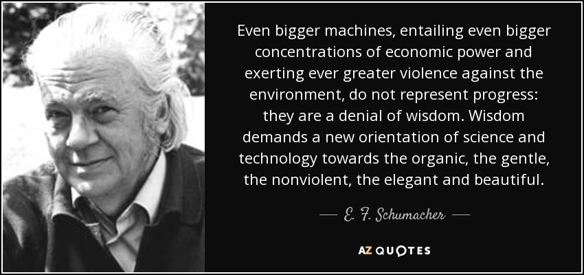 Even bigger machines, entailing even bigger concentrations of economic power and exerting ever greater violence against the environment, do not represent progress: they are a denial of wisdom. Wisdom demands a new orientation of science and technology towards the organic, the gentle, the nonviolent, the elegant and beautiful. - E. F. Schumacher