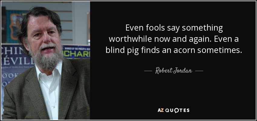 Even fools say something worthwhile now and again. Even a blind pig finds an acorn sometimes. - Robert Jordan