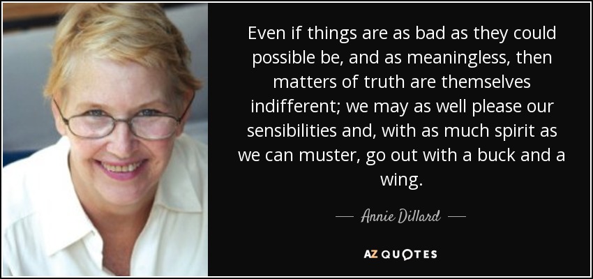 Even if things are as bad as they could possible be, and as meaningless, then matters of truth are themselves indifferent; we may as well please our sensibilities and, with as much spirit as we can muster, go out with a buck and a wing. - Annie Dillard