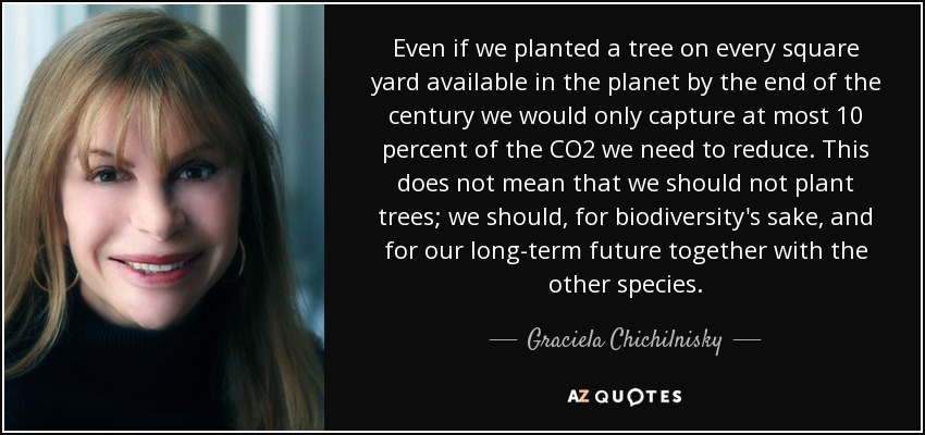 Even if we planted a tree on every square yard available in the planet by the end of the century we would only capture at most 10 percent of the CO2 we need to reduce. This does not mean that we should not plant trees; we should, for biodiversity's sake, and for our long-term future together with the other species. - Graciela Chichilnisky