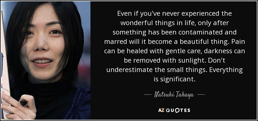 Even if you've never experienced the wonderful things in life, only after something has been contaminated and marred will it become a beautiful thing. Pain can be healed with gentle care, darkness can be removed with sunlight. Don't underestimate the small things. Everything is significant. - Natsuki Takaya