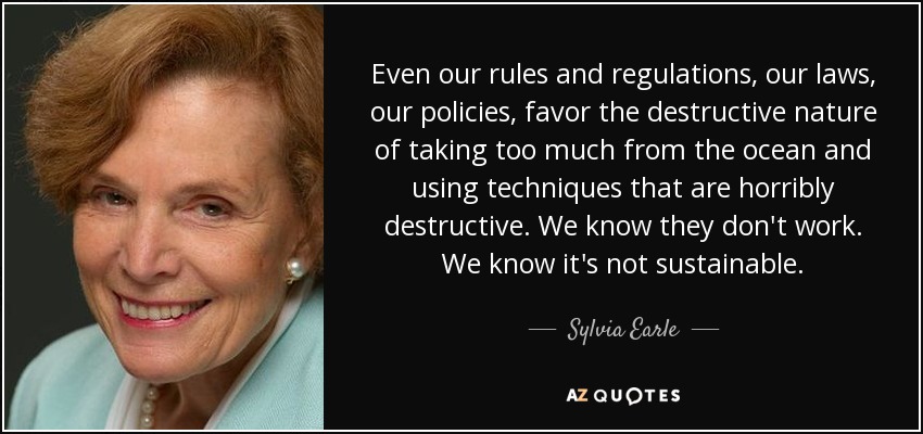 Even our rules and regulations, our laws, our policies, favor the destructive nature of taking too much from the ocean and using techniques that are horribly destructive. We know they don't work. We know it's not sustainable. - Sylvia Earle