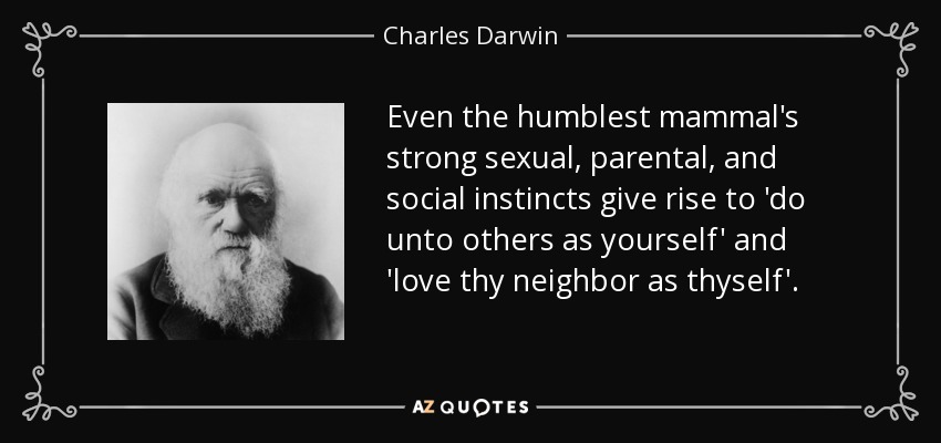 Even the humblest mammal's strong sexual, parental, and social instincts give rise to 'do unto others as yourself' and 'love thy neighbor as thyself'. - Charles Darwin