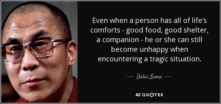 Even when a person has all of life's comforts - good food, good shelter, a companion - he or she can still become unhappy when encountering a tragic situation. - Dalai Lama