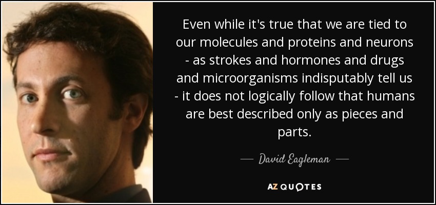 Even while it's true that we are tied to our molecules and proteins and neurons - as strokes and hormones and drugs and microorganisms indisputably tell us - it does not logically follow that humans are best described only as pieces and parts. - David Eagleman