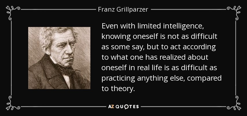 Even with limited intelligence, knowing oneself is not as difficult as some say, but to act according to what one has realized about oneself in real life is as difficult as practicing anything else, compared to theory. - Franz Grillparzer