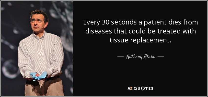 Every 30 seconds a patient dies from diseases that could be treated with tissue replacement. - Anthony Atala