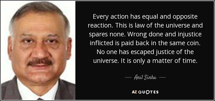 Every action has equal and opposite reaction. This is law of the universe and spares none. Wrong done and injustice inflicted is paid back in the same coin. No one has escaped justice of the universe. It is only a matter of time. - Anil Sinha