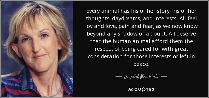 Every animal has his or her story, his or her thoughts, daydreams, and interests. All feel joy and love, pain and fear, as we now know beyond any shadow of a doubt. All deserve that the human animal afford them the respect of being cared for with great consideration for those interests or left in peace. - Ingrid Newkirk