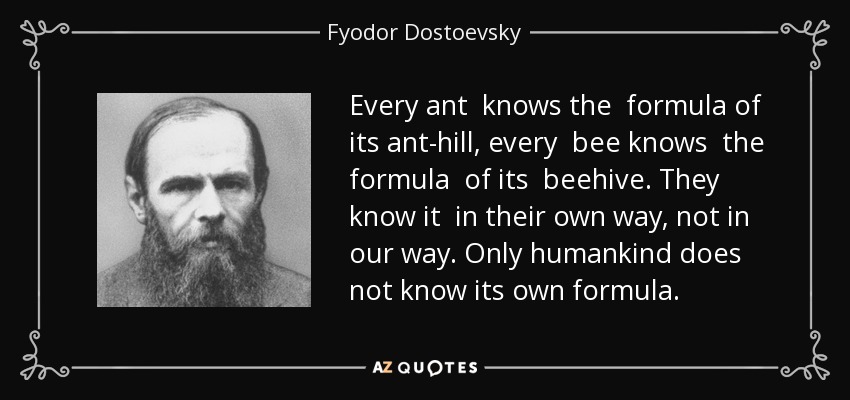 Every ant knows the formula of its ant-hill, every bee knows the formula of its beehive. They know it in their own way, not in our way. Only humankind does not know its own formula. - Fyodor Dostoevsky