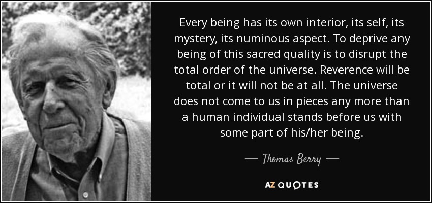 Every being has its own interior, its self, its mystery, its numinous aspect. To deprive any being of this sacred quality is to disrupt the total order of the universe. Reverence will be total or it will not be at all. The universe does not come to us in pieces any more than a human individual stands before us with some part of his/her being. - Thomas Berry