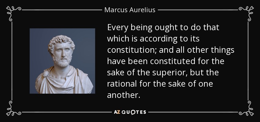 Every being ought to do that which is according to its constitution; and all other things have been constituted for the sake of the superior, but the rational for the sake of one another. - Marcus Aurelius