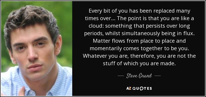 Every bit of you has been replaced many times over... The point is that you are like a cloud: something that persists over long periods, whilst simultaneously being in flux. Matter flows from place to place and momentarily comes together to be you. Whatever you are, therefore, you are not the stuff of which you are made. - Steve Grand