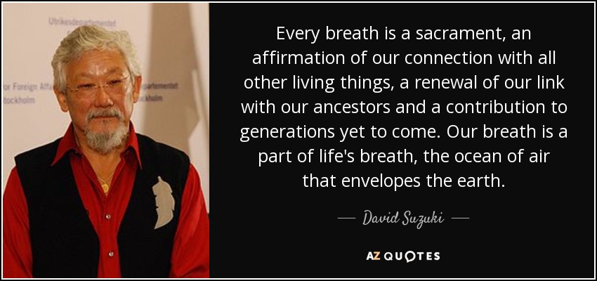Every breath is a sacrament, an affirmation of our connection with all other living things, a renewal of our link with our ancestors and a contribution to generations yet to come. Our breath is a part of life's breath, the ocean of air that envelopes the earth. - David Suzuki