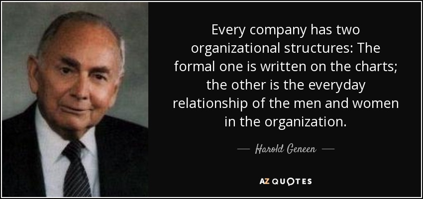 Every company has two organizational structures: The formal one is written on the charts; the other is the everyday relationship of the men and women in the organization. - Harold Geneen