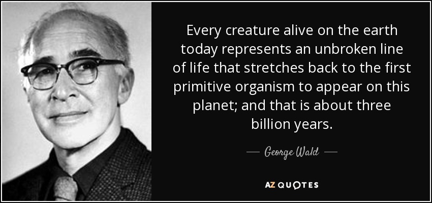 Every creature alive on the earth today represents an unbroken line of life that stretches back to the first primitive organism to appear on this planet; and that is about three billion years. - George Wald