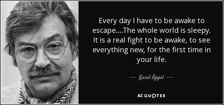 Every day I have to be awake to escape.. ..The whole world is sleepy. It is a real fight to be awake, to see everything new, for the first time in your life. - Karel Appel