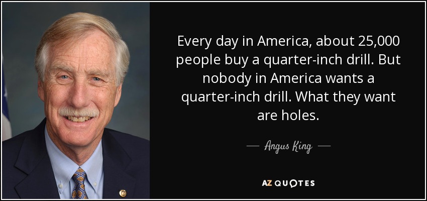 Every day in America, about 25,000 people buy a quarter-inch drill. But nobody in America wants a quarter-inch drill. What they want are holes. - Angus King