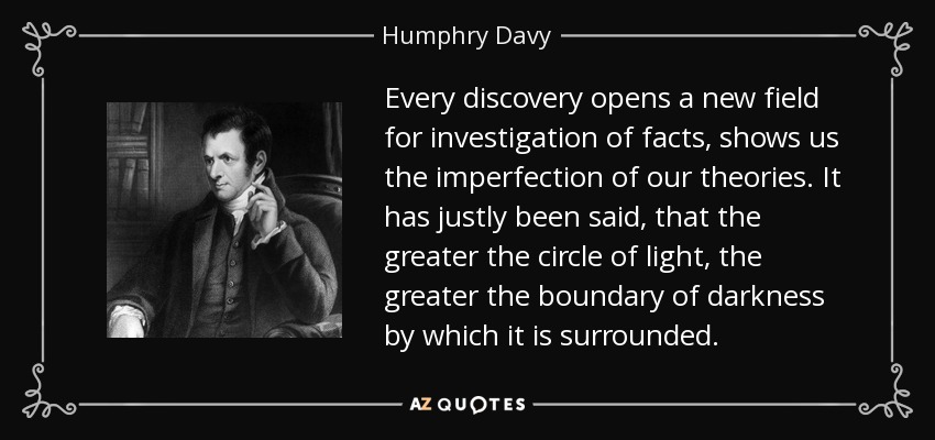 Every discovery opens a new field for investigation of facts, shows us the imperfection of our theories. It has justly been said, that the greater the circle of light, the greater the boundary of darkness by which it is surrounded. - Humphry Davy