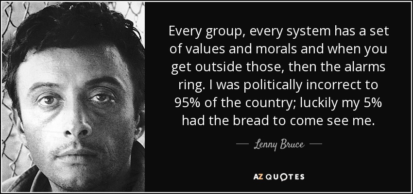 Every group, every system has a set of values and morals and when you get outside those, then the alarms ring. I was politically incorrect to 95% of the country; luckily my 5% had the bread to come see me. - Lenny Bruce