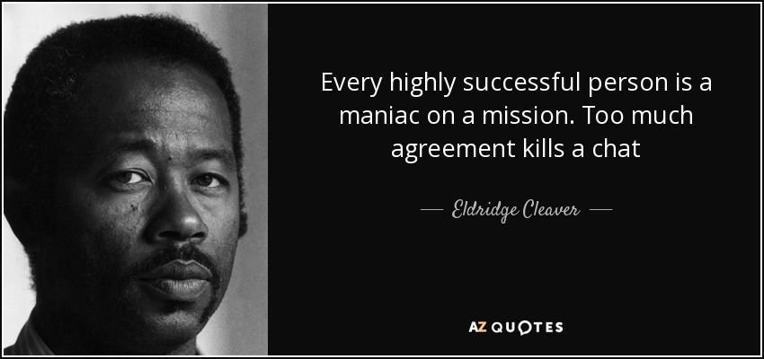 Every highly successful person is a maniac on a mission. Too much agreement kills a chat - Eldridge Cleaver