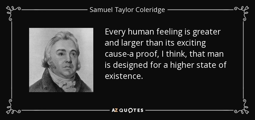 Every human feeling is greater and larger than its exciting cause-a proof, I think, that man is designed for a higher state of existence. - Samuel Taylor Coleridge