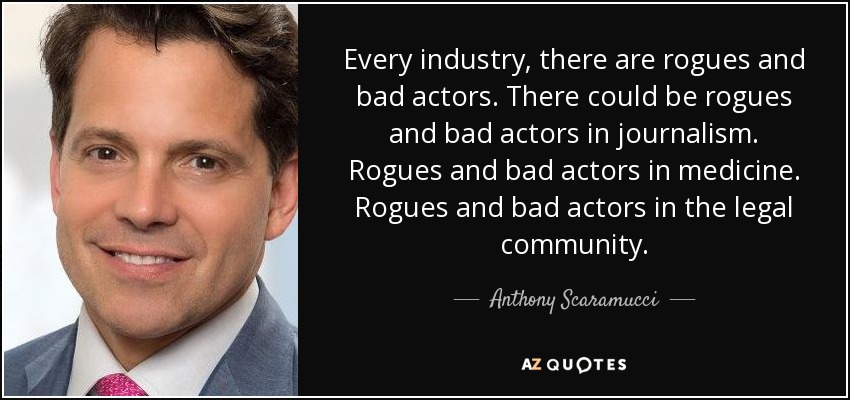 Every industry, there are rogues and bad actors. There could be rogues and bad actors in journalism. Rogues and bad actors in medicine. Rogues and bad actors in the legal community. - Anthony Scaramucci