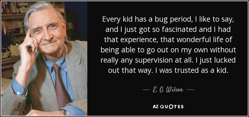 Every kid has a bug period, I like to say, and I just got so fascinated and I had that experience, that wonderful life of being able to go out on my own without really any supervision at all. I just lucked out that way. I was trusted as a kid. - E. O. Wilson
