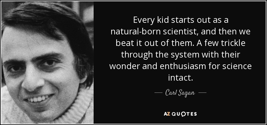 Every kid starts out as a natural-born scientist, and then we beat it out of them. A few trickle through the system with their wonder and enthusiasm for science intact. - Carl Sagan