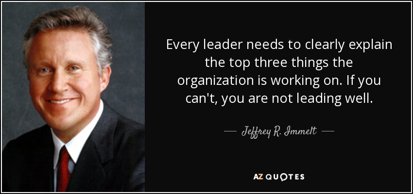 Every leader needs to clearly explain the top three things the organization is working on. If you can't, you are not leading well. - Jeffrey R. Immelt