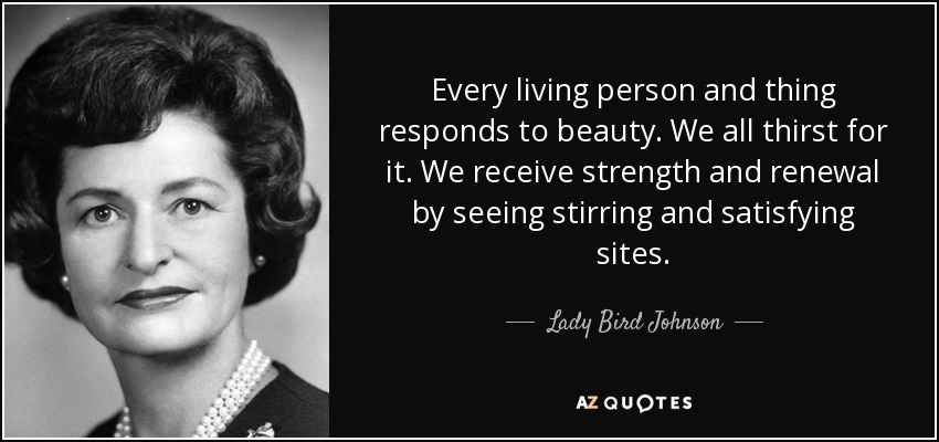 Every living person and thing responds to beauty. We all thirst for it. We receive strength and renewal by seeing stirring and satisfying sites. - Lady Bird Johnson