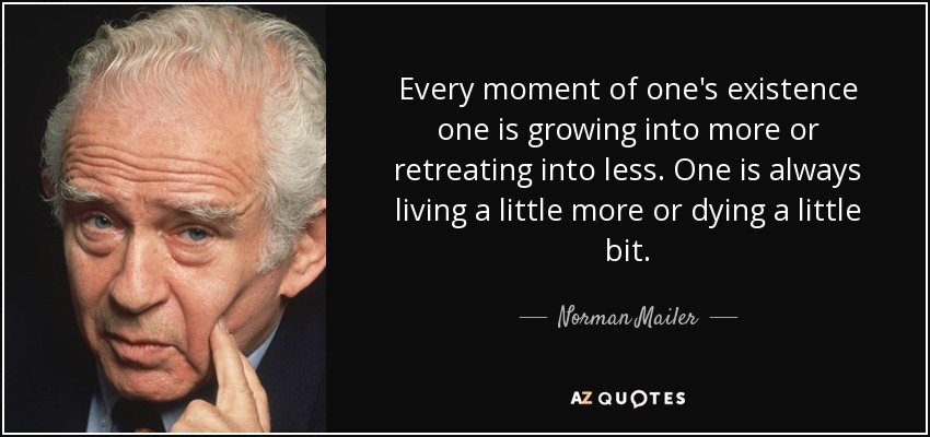 Every moment of one's existence one is growing into more or retreating into less. One is always living a little more or dying a little bit. - Norman Mailer