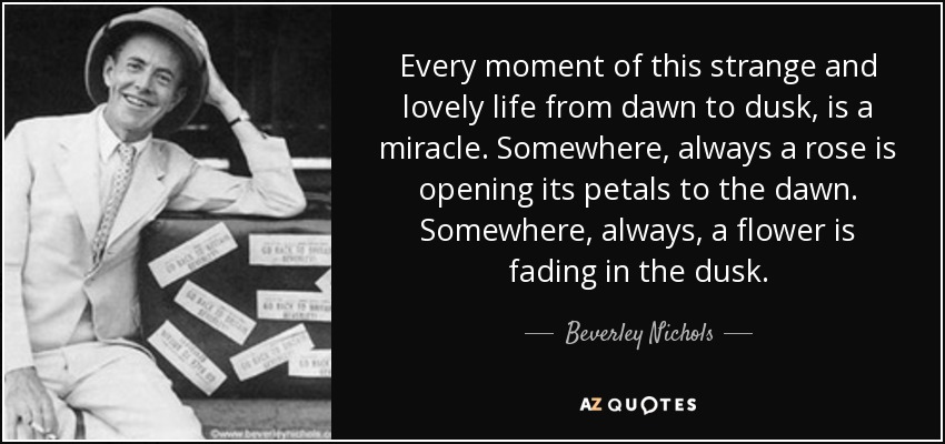 Every moment of this strange and lovely life from dawn to dusk, is a miracle. Somewhere, always a rose is opening its petals to the dawn. Somewhere, always, a flower is fading in the dusk. - Beverley Nichols