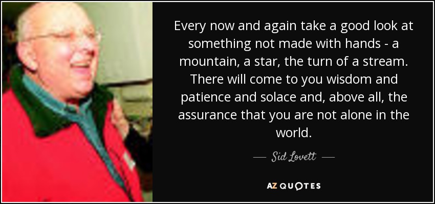 Every now and again take a good look at something not made with hands - a mountain, a star, the turn of a stream. There will come to you wisdom and patience and solace and, above all, the assurance that you are not alone in the world. - Sid Lovett
