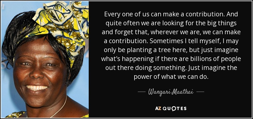 Every one of us can make a contribution. And quite often we are looking for the big things and forget that, wherever we are, we can make a contribution. Sometimes I tell myself, I may only be planting a tree here, but just imagine what's happening if there are billions of people out there doing something. Just imagine the power of what we can do. - Wangari Maathai