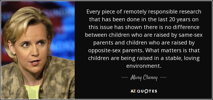 Every piece of remotely responsible research that has been done in the last 20 years on this issue has shown there is no difference between children who are raised by same-sex parents and children who are raised by opposite-sex parents. What matters is that children are being raised in a stable, loving environment. - Mary Cheney